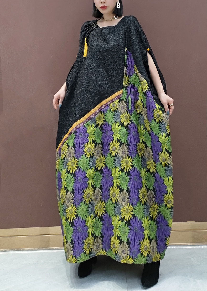 Plus Size Schwarzes O-Ausschnitt Blumen Langes Kleid mit Umhangärmeln