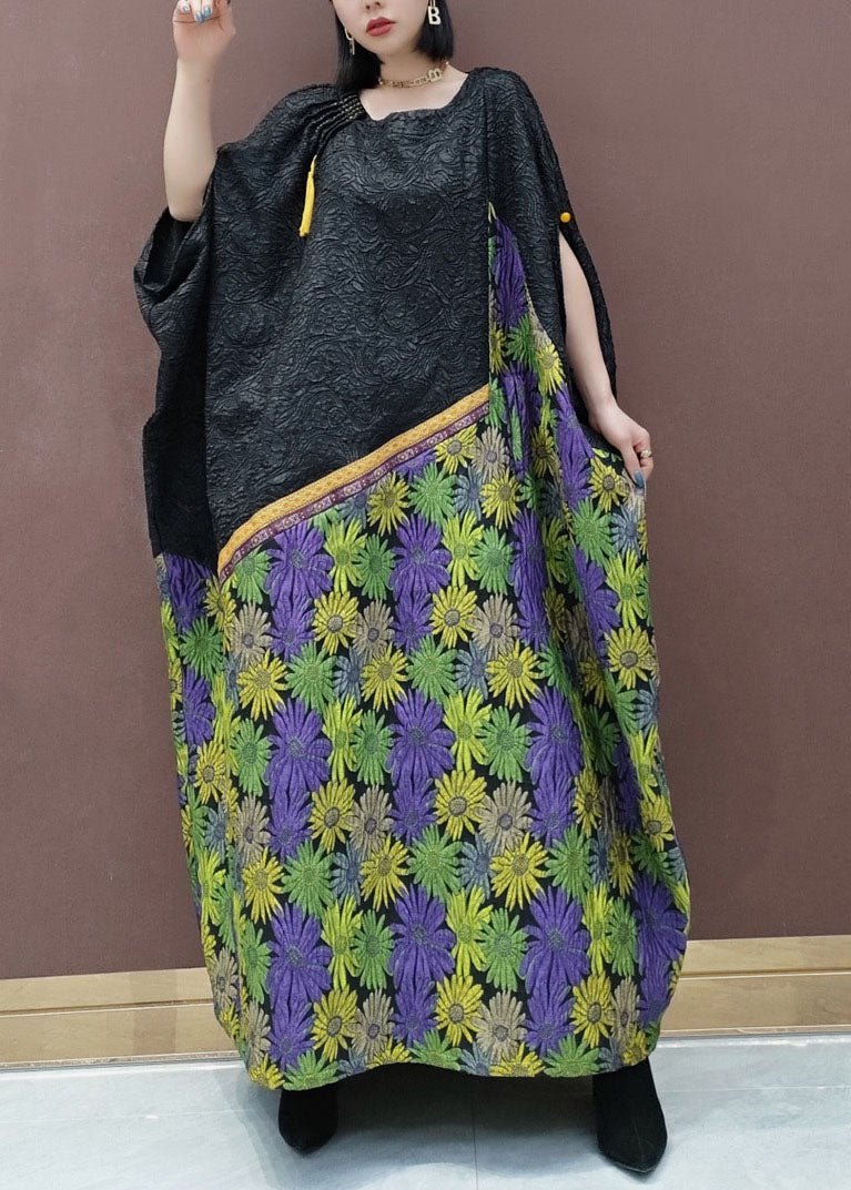 Plus Size Schwarzes O-Ausschnitt Blumen Langes Kleid mit Umhangärmeln