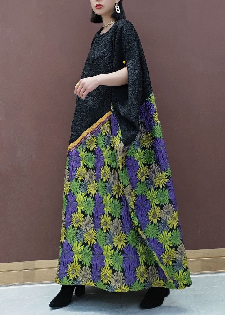 Plus Size Schwarzes O-Ausschnitt Blumen Langes Kleid mit Umhangärmeln
