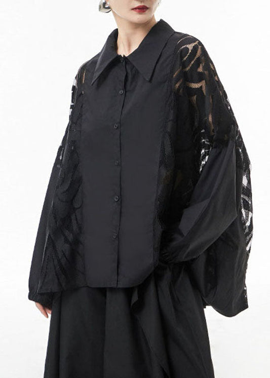 Plus size Black Peter Pan Collar Lace Patchwork Blouse Tops Spring