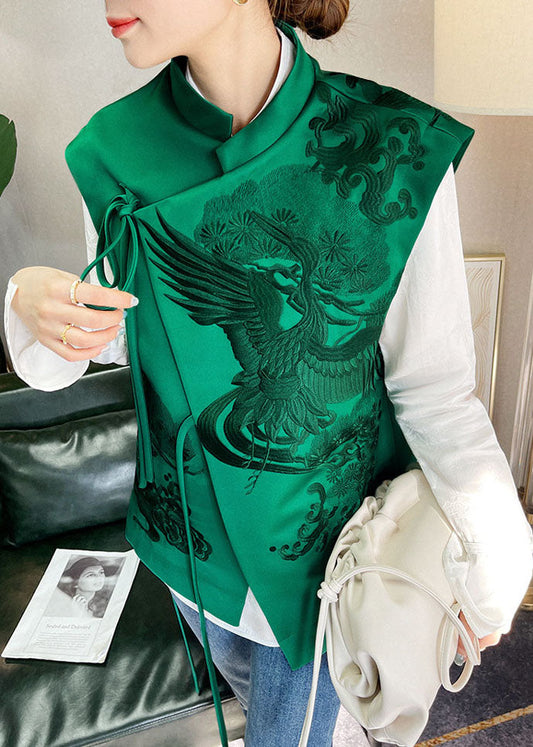 Plus größe Grün Stehkragen Bestickt Schnürung Seide Weste Frühling