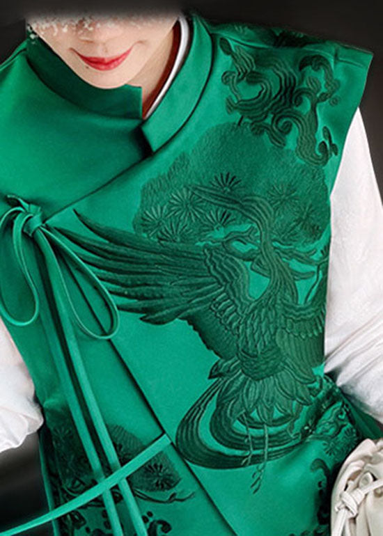 Plus größe Grün Stehkragen Bestickt Schnürung Seide Weste Frühling