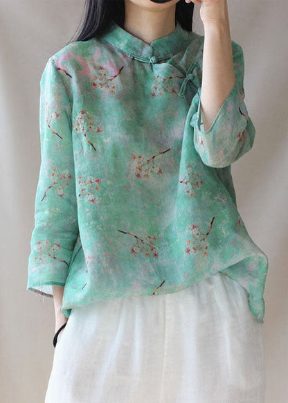 Plus size Light Green button Stand Collar print tops Spring