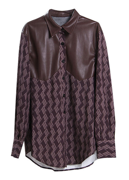 Plus größe Lose druck PU Patchwork Shirts Frühling