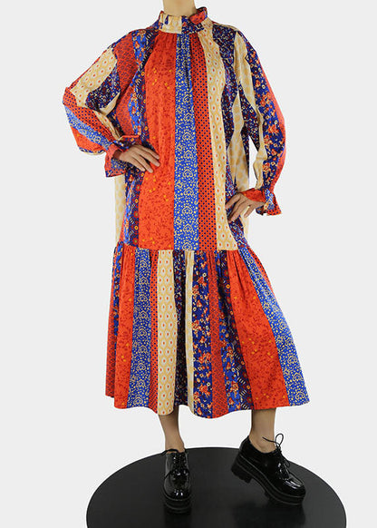 Plus Size Rotes Stehkragen-Print Langes Kleid mit Blütenblattärmeln