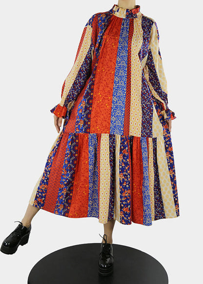 Plus Size Rotes Stehkragen-Print Langes Kleid mit Blütenblattärmeln