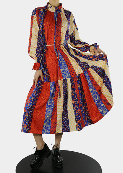 Plus Size Rotes Stehkragen-Print Langes Kleid mit Blütenblattärmeln