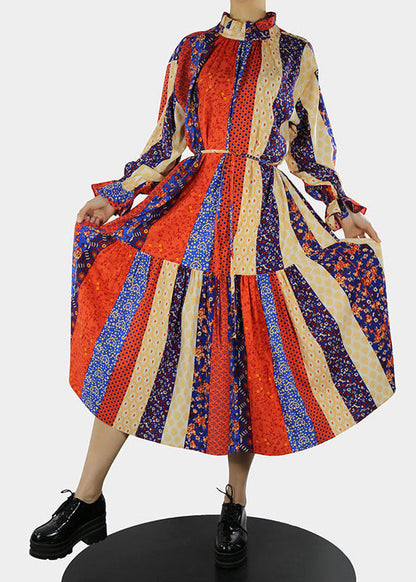 Plus Size Rotes Stehkragen-Print Langes Kleid mit Blütenblattärmeln