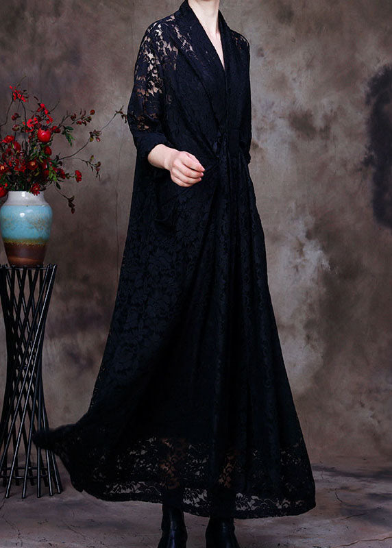 Plus Size schwarzes Partykleid mit V-Ausschnitt und Spitze für den Frühling