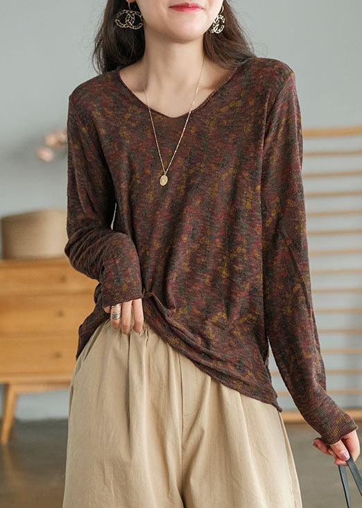 Plus Size Schokoladen-V-Ausschnitt-Print-Tops Frühling