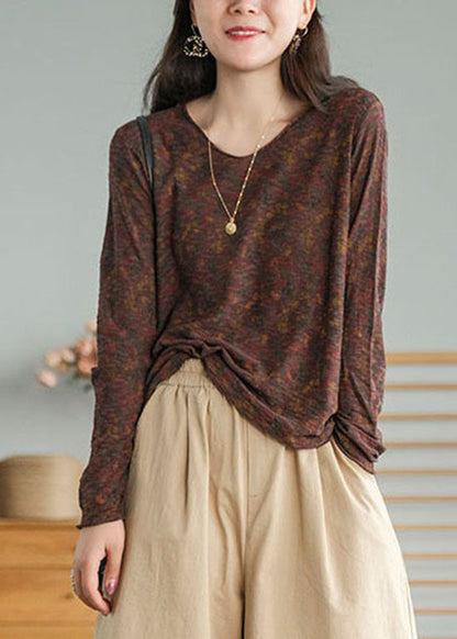 Plus Size Schokoladen-V-Ausschnitt-Print-Tops Frühling