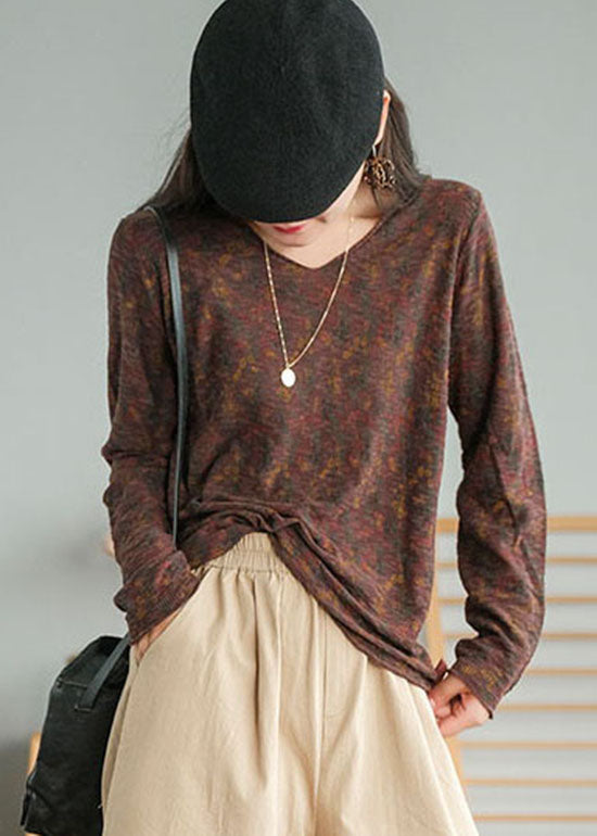 Plus Size Schokoladen-V-Ausschnitt-Print-Tops Frühling