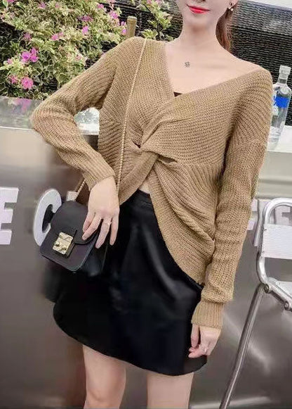 Plus Size Schokoladenbraune Strickoberteile mit V-Ausschnitt für den Herbst