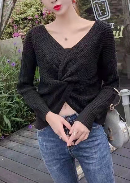 Plus Size Schokoladenbraune Strickoberteile mit V-Ausschnitt für den Herbst