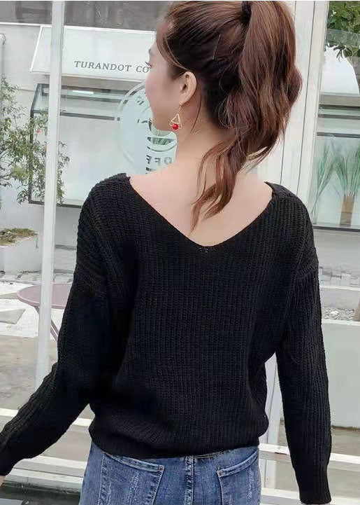 Plus Size Schokoladenbraune Strickoberteile mit V-Ausschnitt für den Herbst