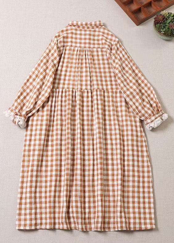 Plus Size Orange Rüschentaschen Plaid Kleid Frühling