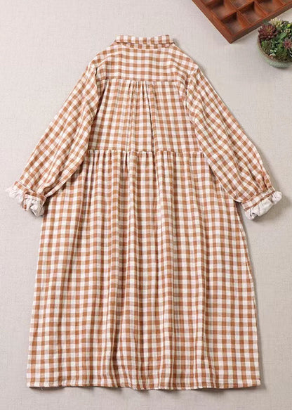 Plus Size Orange Rüschentaschen Plaid Kleid Frühling