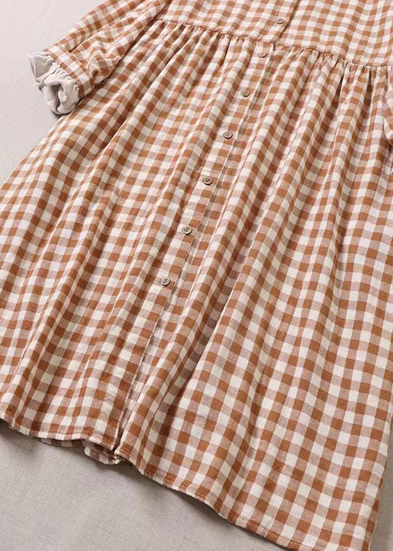 Plus Size Orange Rüschentaschen Plaid Kleid Frühling