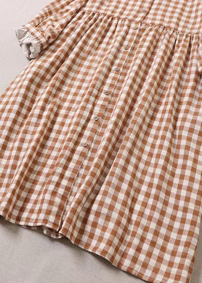 Plus Size Orange Rüschentaschen Plaid Kleid Frühling