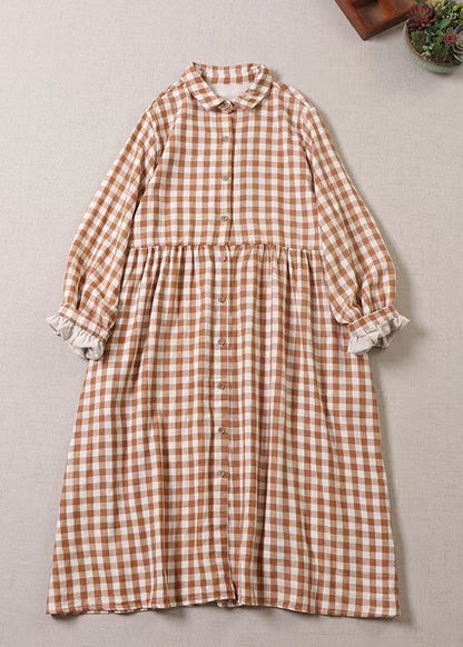 Plus Size Orange Rüschentaschen Plaid Kleid Frühling