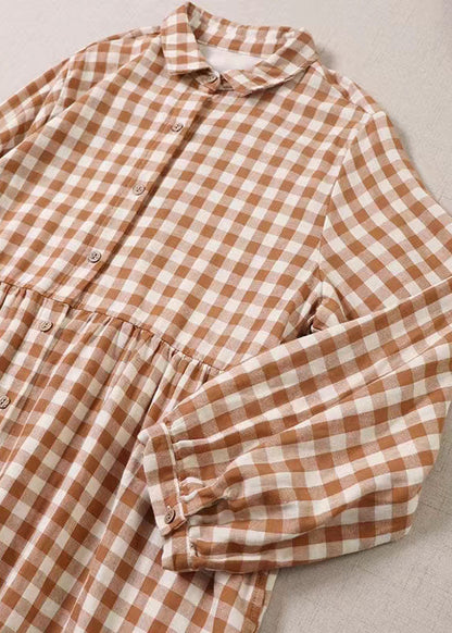 Plus Size Orange Rüschentaschen Plaid Kleid Frühling