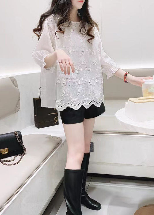 Plus Size Weiße Jacquard-Halbarm-Baumwollbluse Top Sommer