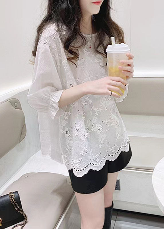 Plus Size Weiße Jacquard-Halbarm-Baumwollbluse Top Sommer