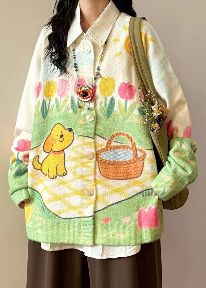 Print Button Loose Knit Coats O Neck Spring