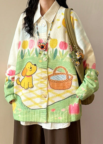 Print Button Loose Knit Coats O Neck Spring