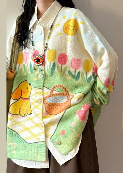 Print Button Loose Knit Coats O Neck Spring