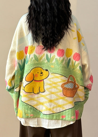 Print Button Loose Knit Coats O Neck Spring