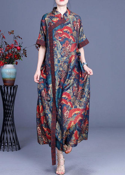 Print Retro Oriental Patchwork Summer Silk Dress - SooLinen
