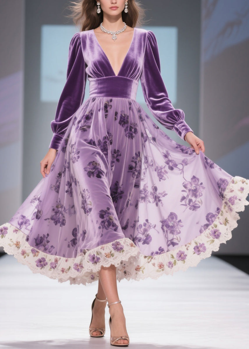 Print Wrinkled High Waist Patchwork Silk Velvet Long Dresses V Neck Spring