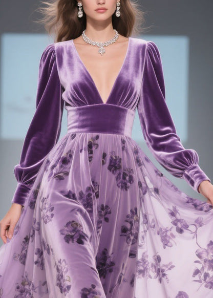 Print Wrinkled High Waist Patchwork Silk Velvet Long Dresses V Neck Spring