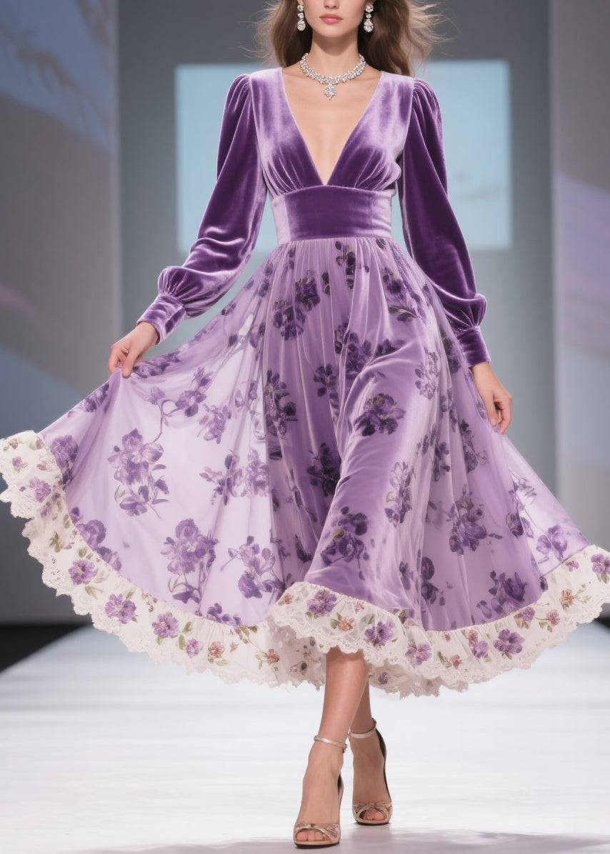 Print Wrinkled High Waist Patchwork Silk Velvet Long Dresses V Neck Spring