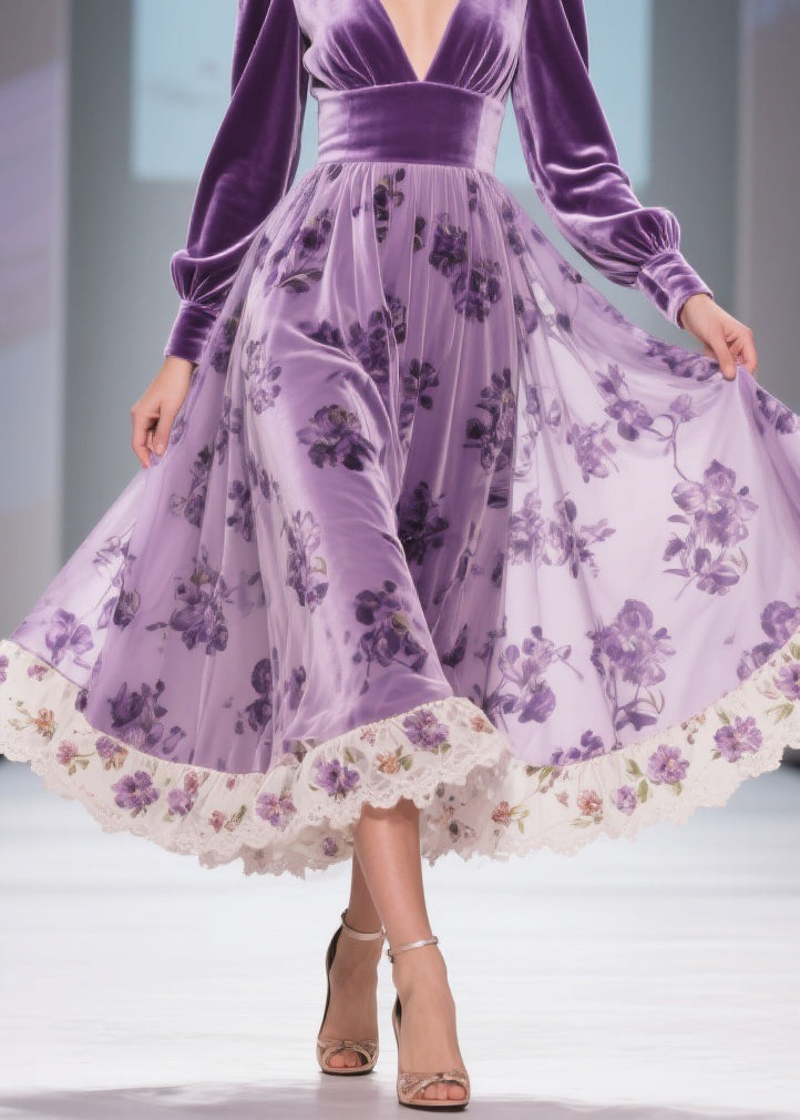 Print Wrinkled High Waist Patchwork Silk Velvet Long Dresses V Neck Spring