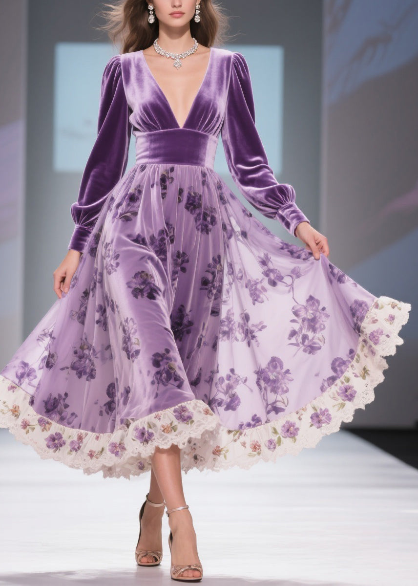 Print Wrinkled High Waist Patchwork Silk Velvet Long Dresses V Neck Spring