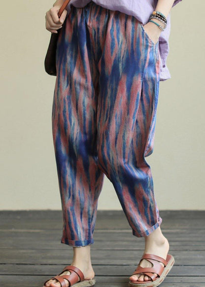 Printed casual plus size elastic waist nine-point harem pants - SooLinen