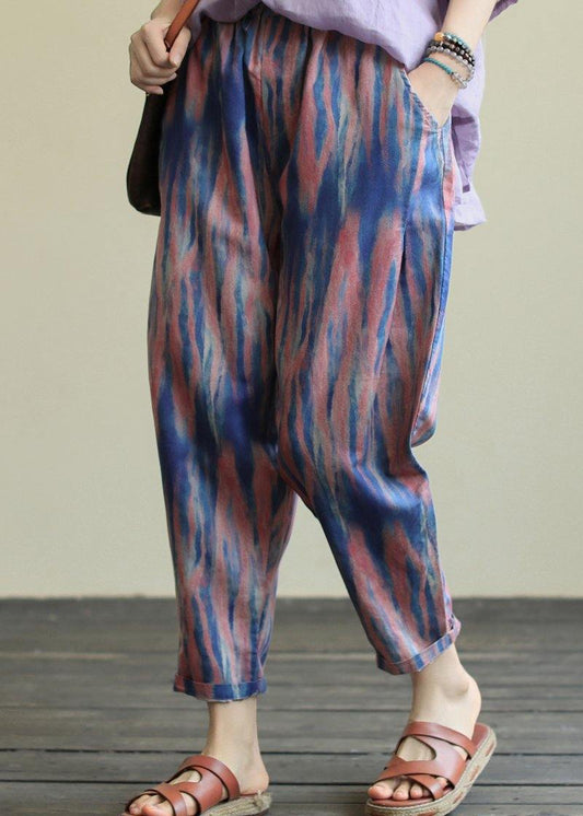 Printed casual plus size elastic waist nine-point harem pants - SooLinen