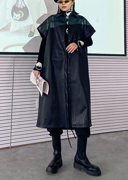 Pu leather jacket women autumn mid-length lapel sleeveless leather jacket - SooLinen