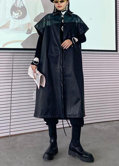 Pu leather jacket women autumn mid-length lapel sleeveless leather jacket - SooLinen