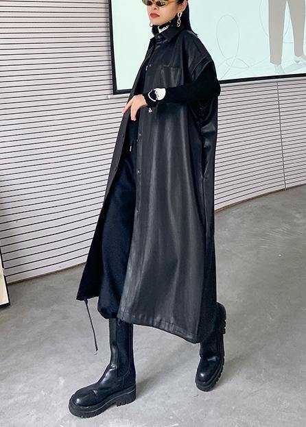 Pu leather jacket women autumn mid-length lapel sleeveless leather jacket - SooLinen