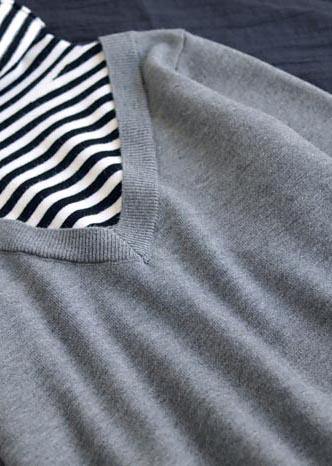 Pullover Light Gray Sweater Tops Patchwork High Neck Plus Size Spring Knit Sweat Tops - SooLinen