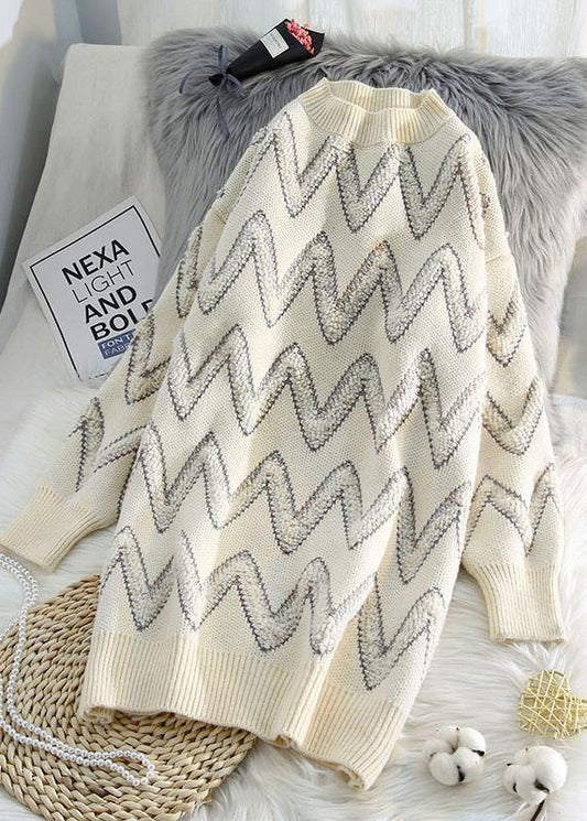 Pullover beige Sweater knit top pattern Design o neck thick daily knit dresses - SooLinen