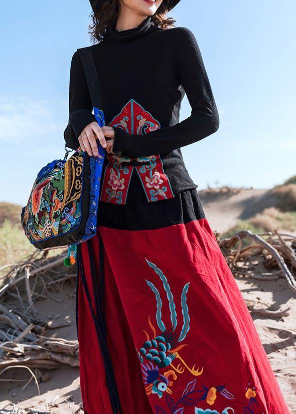 Pullover black Blouse embroidery casual high knit tops - SooLinen