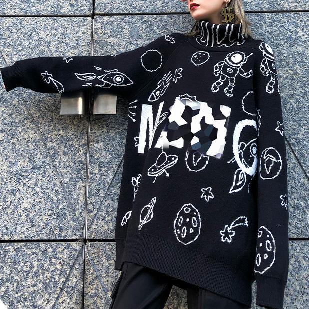Pullover black Letter knit blouse high neck Loose fitting sweaters - SooLinen