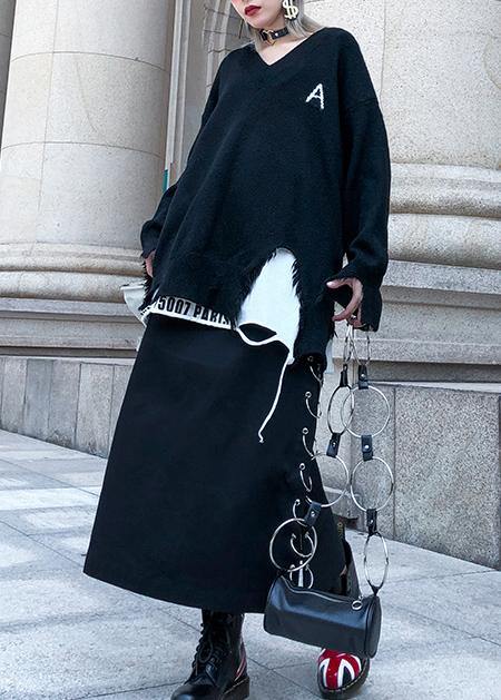 Pullover black knitted Loose fitting v neck Hole knit tops - SooLinen