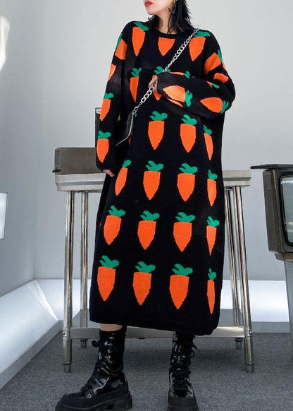 Pullover black print Sweater weather Re fashion o neck baggy Tejidos knit dresses - SooLinen