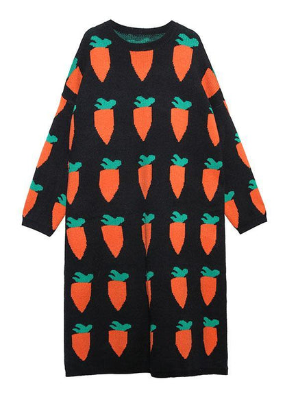 Pullover black print Sweater weather Re fashion o neck baggy Tejidos knit dresses - SooLinen