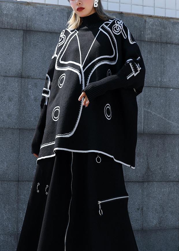 Pullover black print knit wear plus size clothing o neck Batwing Sleeve Blouse - SooLinen